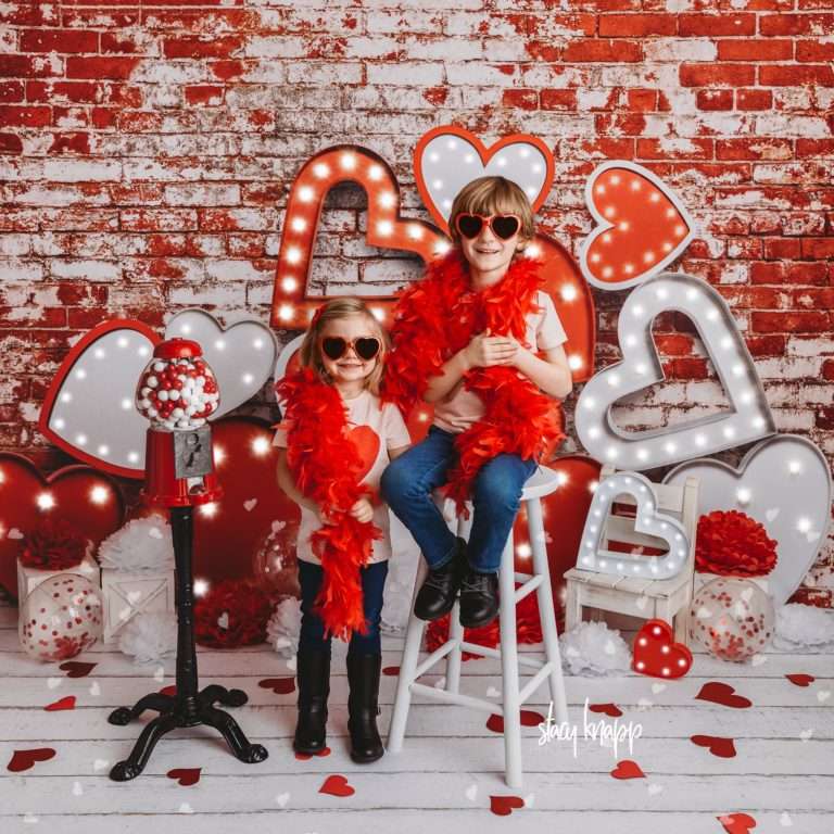 Brother and sister celebrating valentines day at Stacy Knapp Photography sister standing and brother sitting wearing sunglasses and boas