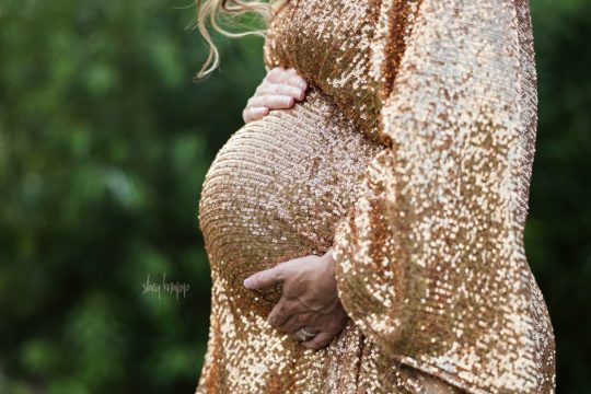 Maine maternity portrait pregnant mother in gold glitter gown in the Viles Arboretum by photographer Stacy Knapp Photography
