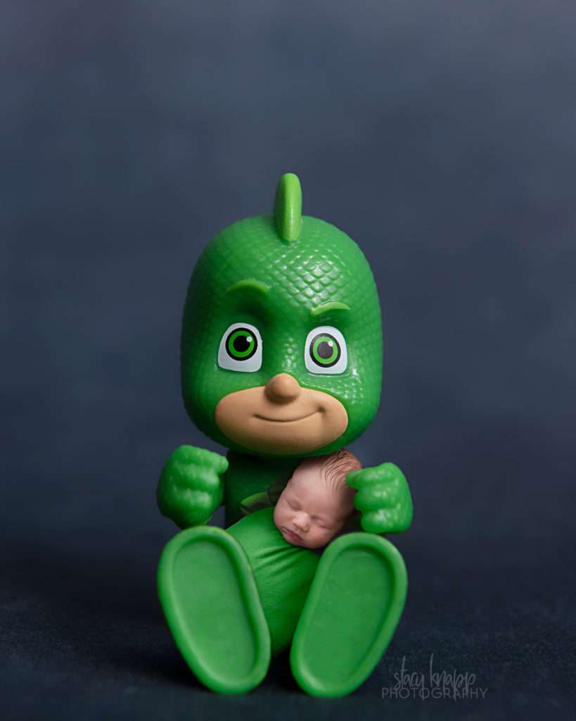 Newborn baby boy photograph composite with Gekko from PJ Masks