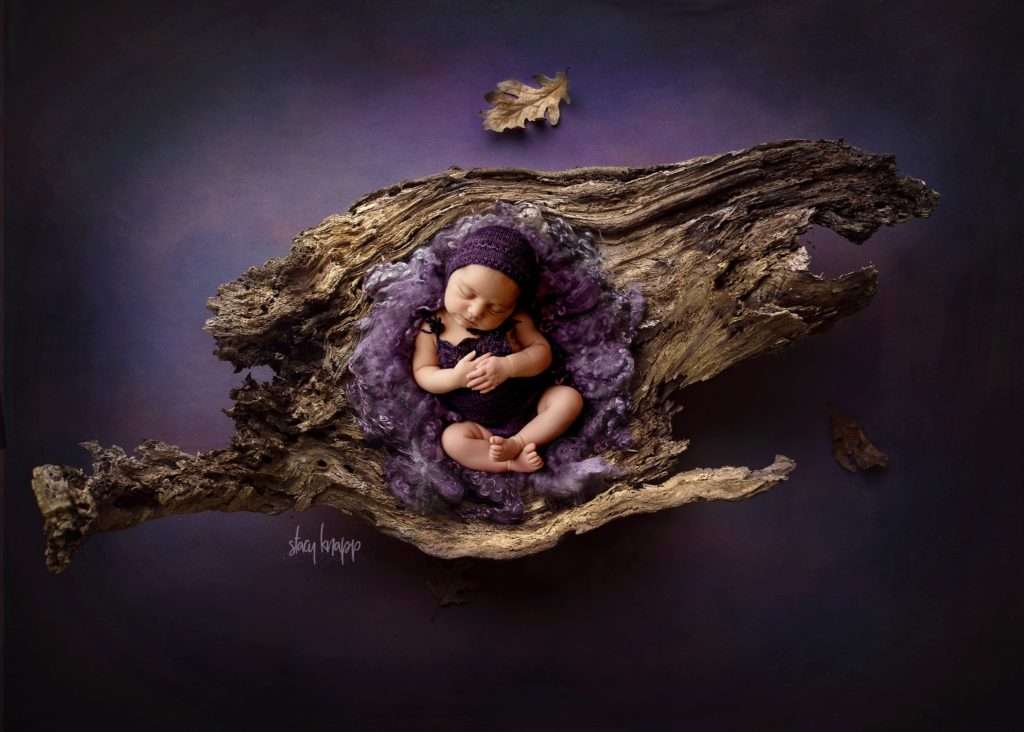 Photo of a Maine newborn baby girl by Maine photographer Stacy Knapp Photography. Baby is wearing a purple bonnet and romper and is sleeping in a bowl of purple fluff on a gorgeous log backdrop.