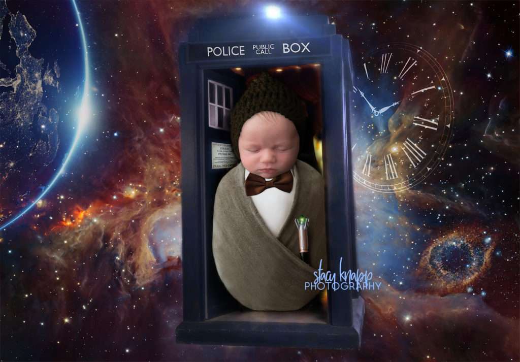 newborn baby boy photograph as Doctor Who wrapped baby