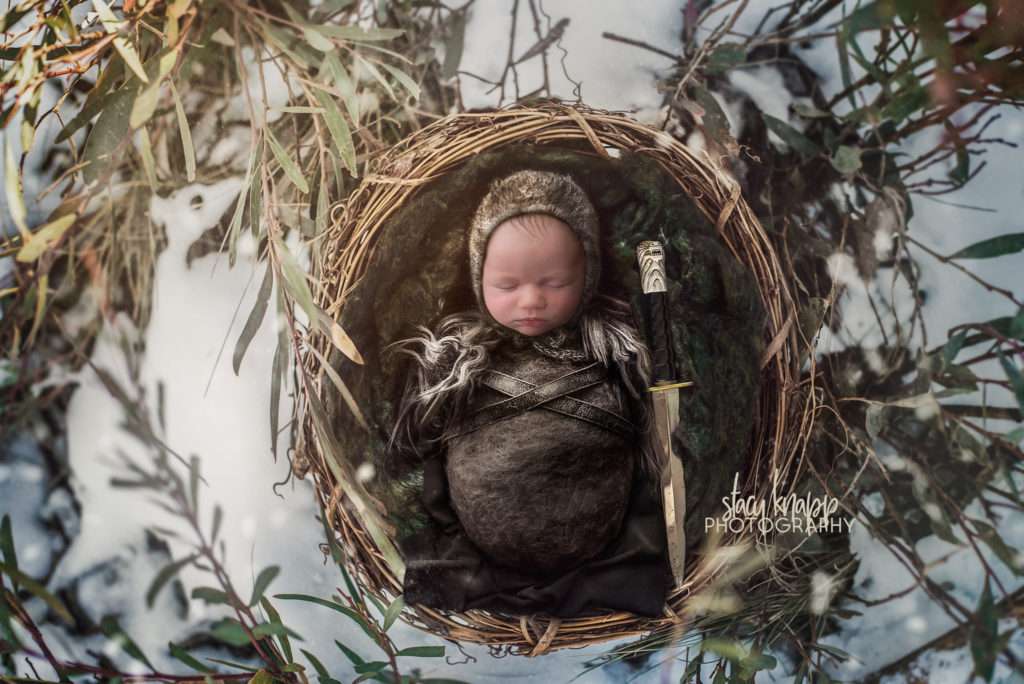 newborn baby boy photograph as John Snow wrapped baby