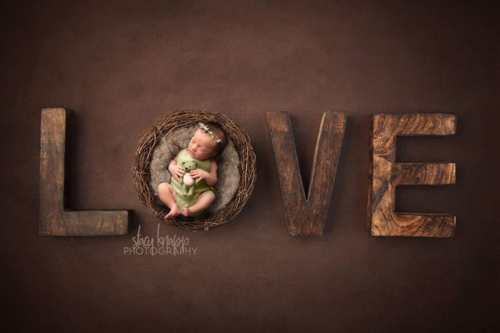 newborn baby girl photo with baby nestled into letter o of wooden love letters