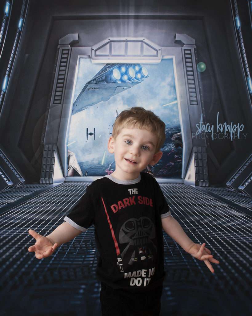 Star Wars photograph of little boy in The Dark Side Made Me Do It t-shirt