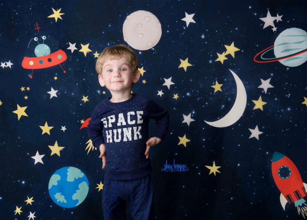 Toddler boy photographed wearing Space Hunk shirt