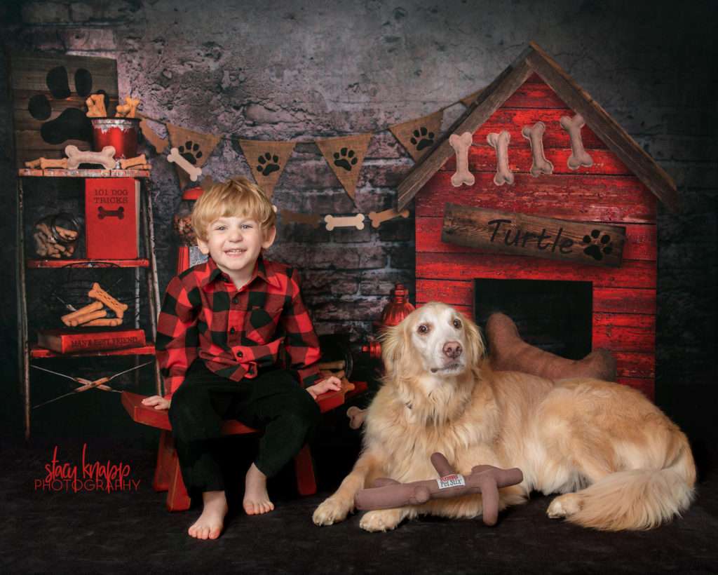 Toddler boy and his dog photographed together
