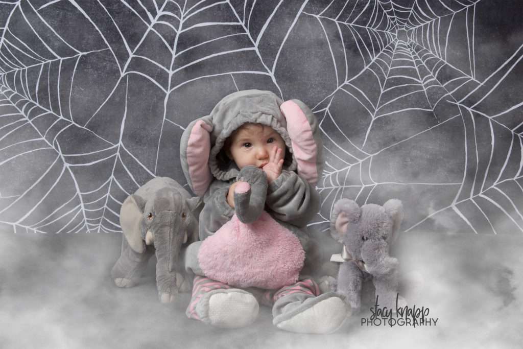 Baby girl photographed on Halloween backdrop wearing elephant costume