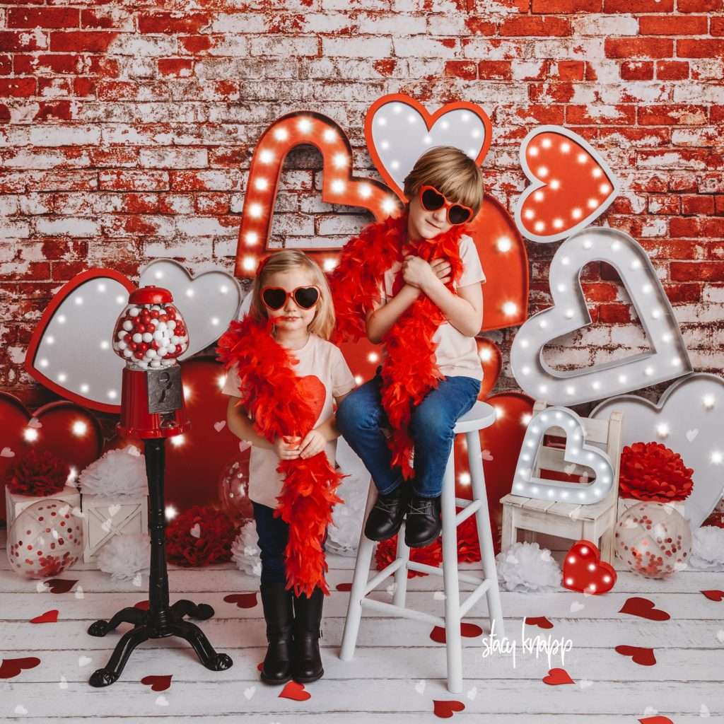 Brother and sister celebrating valentines day at Stacy Knapp Photography sister standing and brother sitting wearing sunglasses and boas
