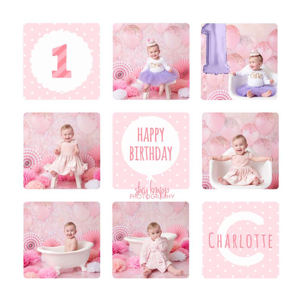 Birthday collage photo of one-year-old girl birthday milestone session
