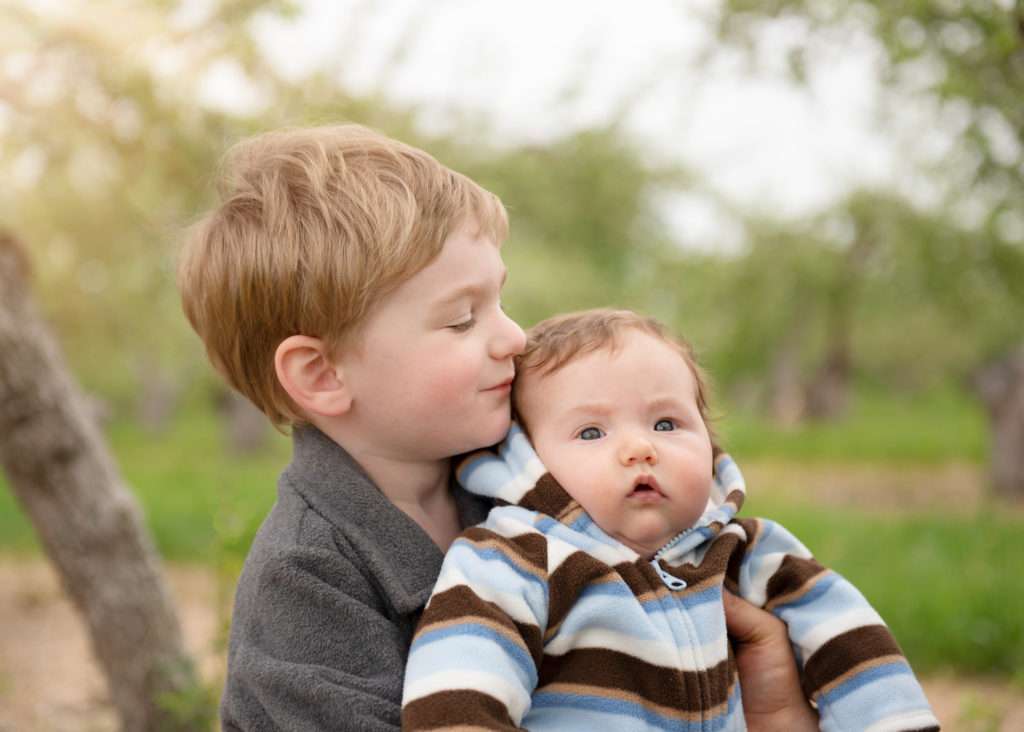 Preschool boy and baby sister in an apple orchard in the spring