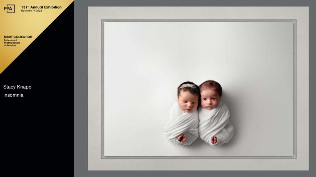 Award winning photo of twin Maine newborns wrapped in white by photographer Stacy Knapp Photography