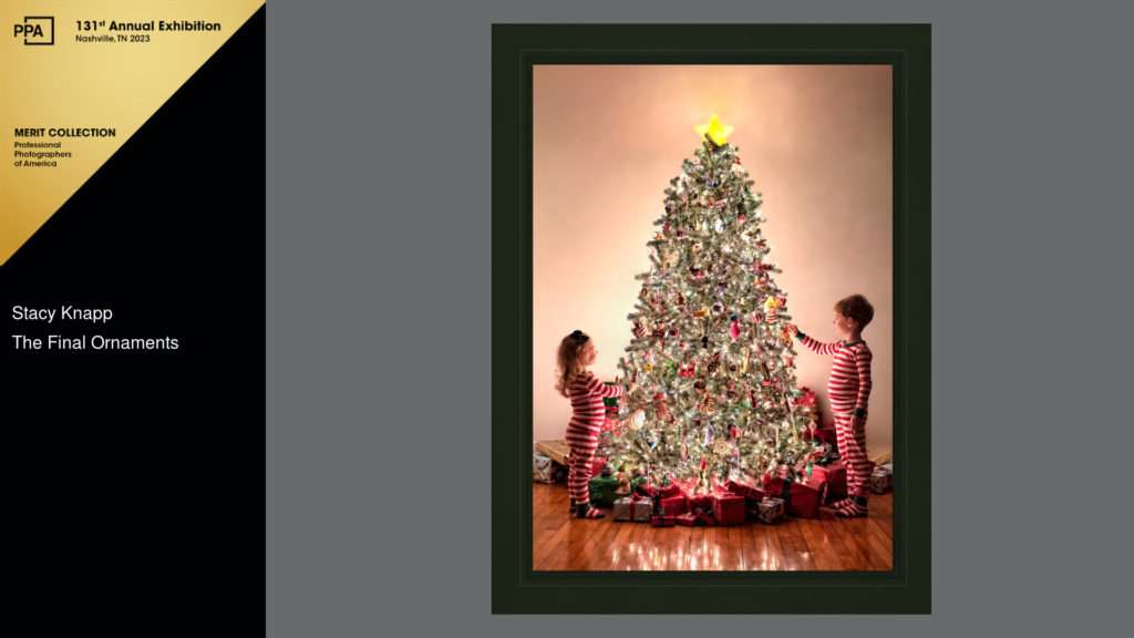 Award winning Christmas session photo of two children near a lit Christmas tree by photographer Stacy Knapp Photography
